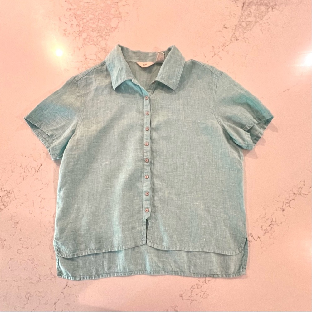 Blue Linen Short Sleeve Button Down